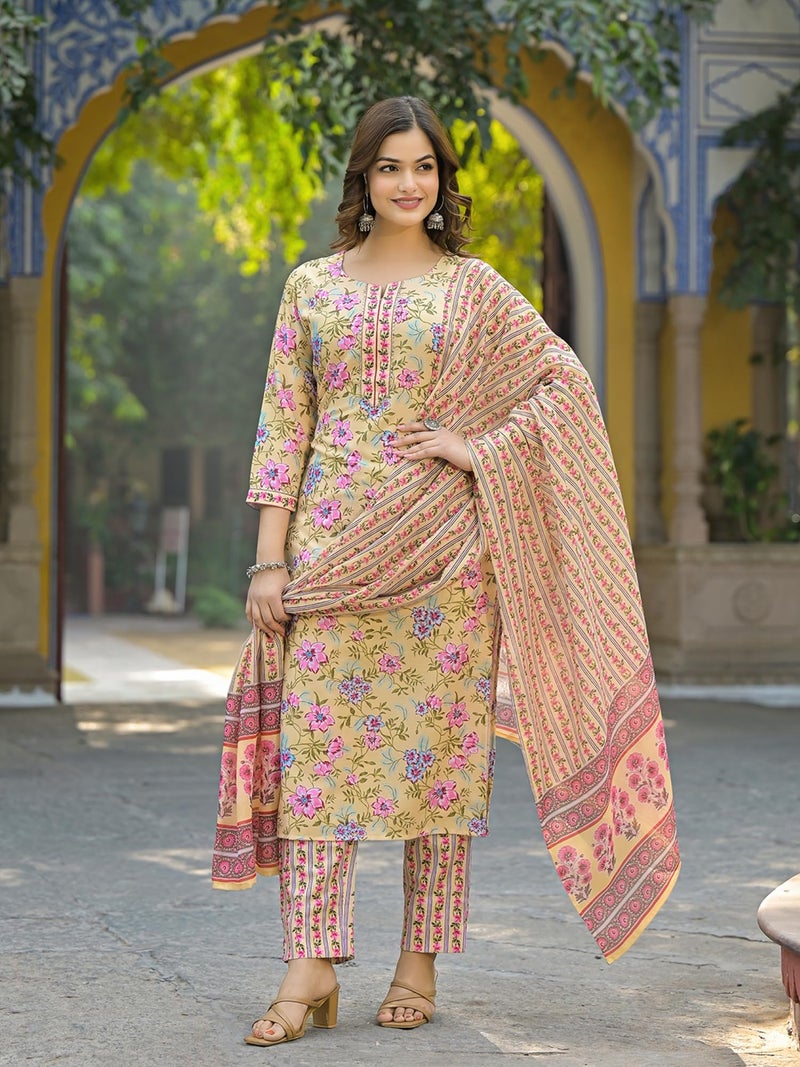 Vaamsi Women's Yellow Rayon Blend Floral Straight Printed Kurta Pant With Dupatta Set | Straight Kurta Set | Printed Salwar Suit For Women (VKSKD2314, M) - Image 3