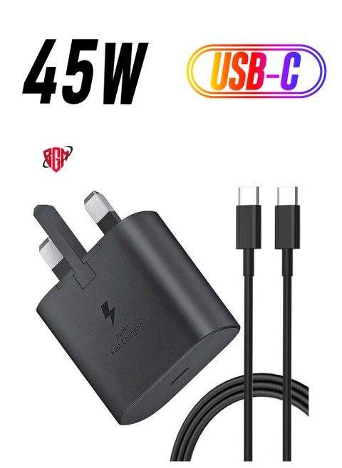 UK USB C Plug & Cable 45W Charger For Samsung FAST Charge Adapter 3 Pin Mains Wall Charging for galaxy Mobile phone S 24 ULTRA S23 ultra FE S 22 S 21 fe 20 note 20 ultra 10 9 8 a14 a34 a54