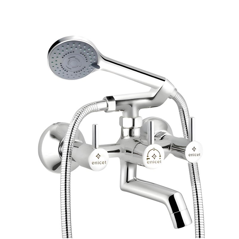 ENICET خلاط حائط إنيسيت من النحاس مع دش يدوي بتشطيب كروم 5 وظائف دش يدوي مع دعامة أنبوب بطول 15 متر مجموعة دش حائط مع دش هاتفي دش حمام يدوي متوسط - Image 1