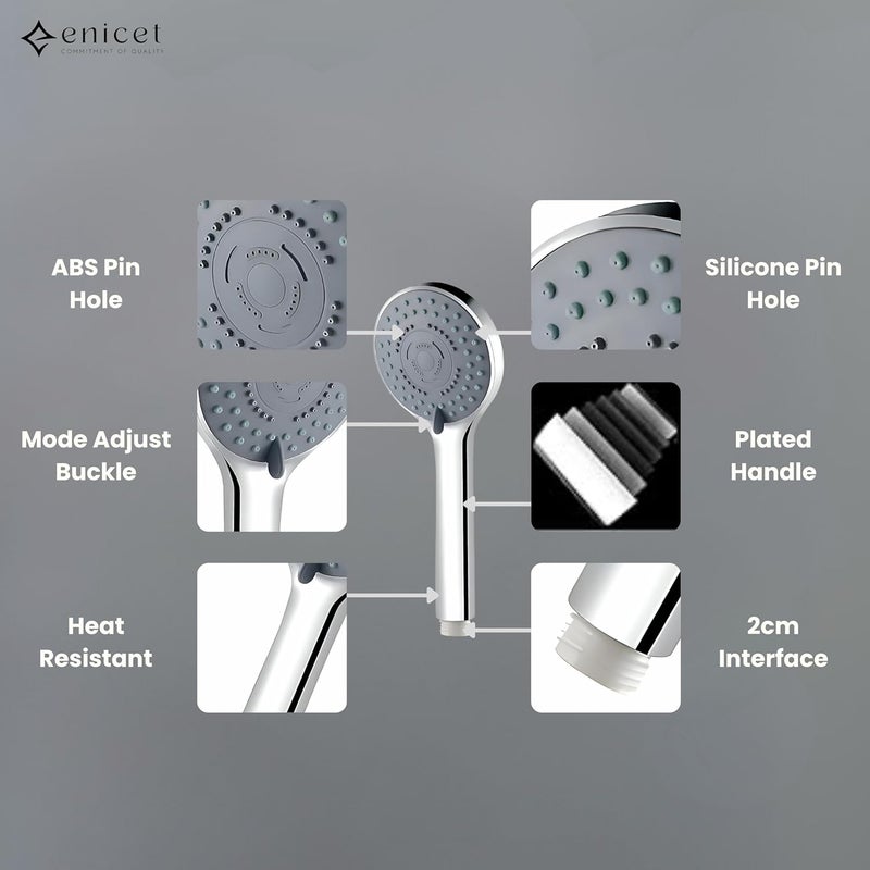 ENICET خلاط حائط إنيسيت من النحاس مع دش يدوي بتشطيب كروم 5 وظائف دش يدوي مع دعامة أنبوب بطول 15 متر مجموعة دش حائط مع دش هاتفي دش حمام يدوي متوسط - Image 3