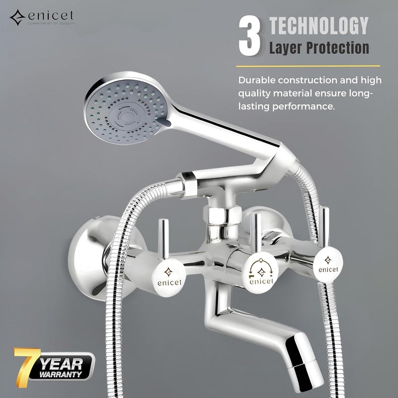 ENICET خلاط حائط إنيسيت من النحاس مع دش يدوي بتشطيب كروم 5 وظائف دش يدوي مع دعامة أنبوب بطول 15 متر مجموعة دش حائط مع دش هاتفي دش حمام يدوي متوسط - Image 2