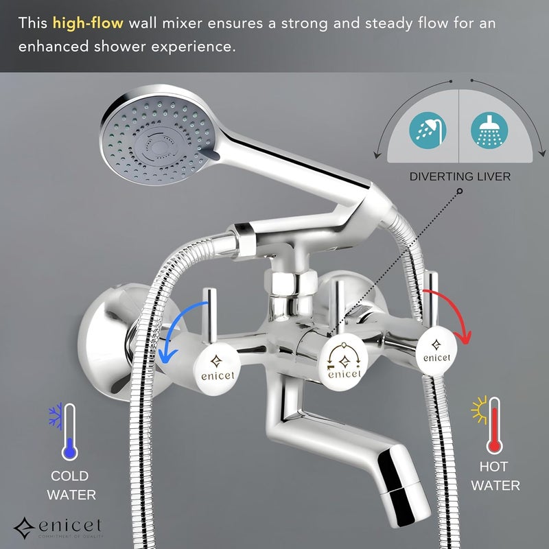 ENICET خلاط حائط إنيسيت من النحاس مع دش يدوي بتشطيب كروم 5 وظائف دش يدوي مع دعامة أنبوب بطول 15 متر مجموعة دش حائط مع دش هاتفي دش حمام يدوي متوسط - Image 4