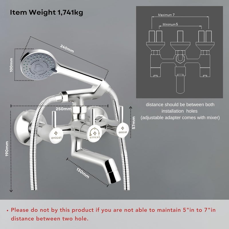 ENICET خلاط حائط إنيسيت من النحاس مع دش يدوي بتشطيب كروم 5 وظائف دش يدوي مع دعامة أنبوب بطول 15 متر مجموعة دش حائط مع دش هاتفي دش حمام يدوي متوسط - Image 5