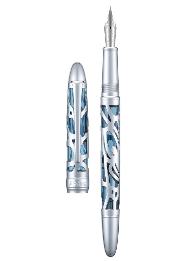 Asvine P80 Piston Filling Fountain Pen Medium Nib, Spider Skeleton Transparent Gray Blue Acrylic Pen Case and Wrench Set - Image 1