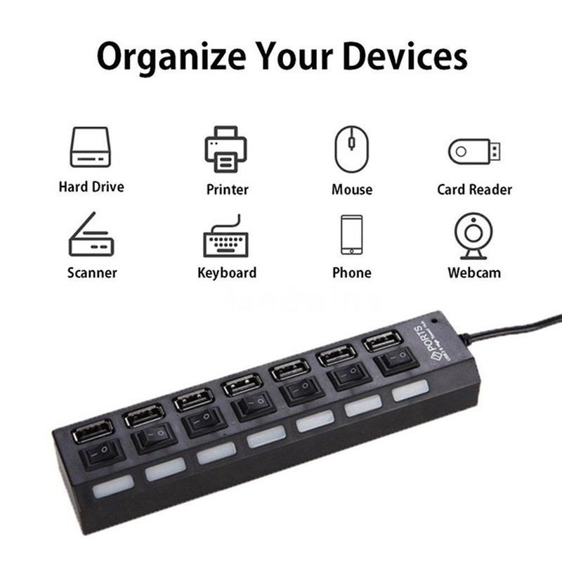 مركز USB 2.0 بـ 7 منافذ، هوب بيانات محمول رفيع جداً، مفاتيح طاقة فردية مضيئة بإضاءة LED، فرق ومعمّد USB 2.0 متعدد المنافذ متوافق مع أنظمة ويندوز/لينكس/ماك و ماك بوك برو/لوحة المفاتيح/الألعاب/الأجهزة USB - Image 5