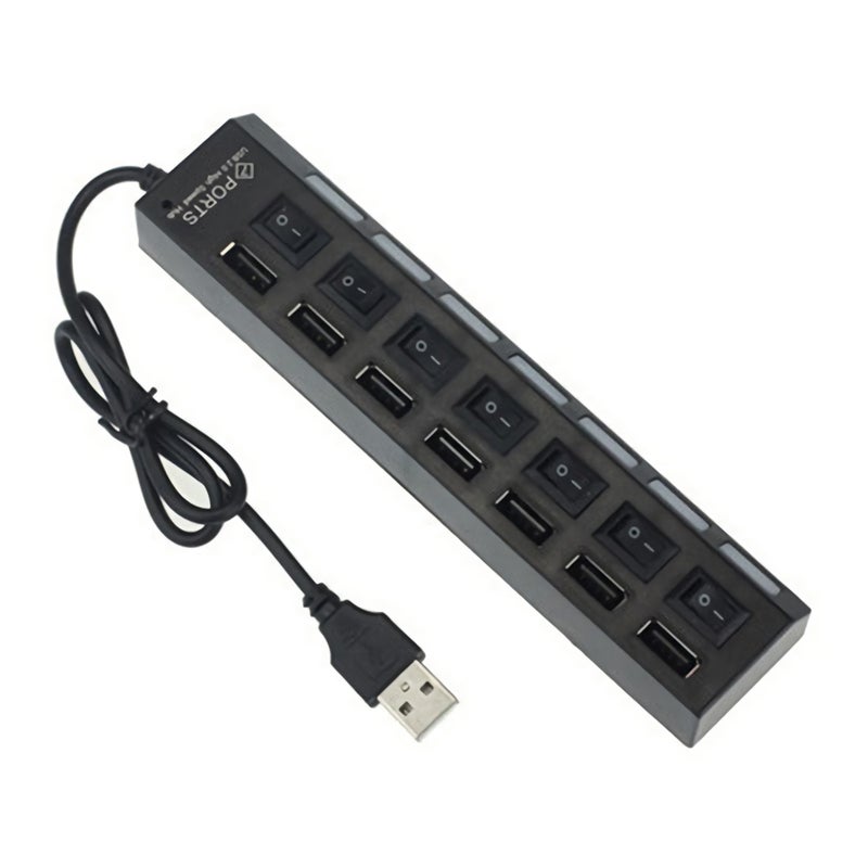 مركز USB 2.0 بـ 7 منافذ، هوب بيانات محمول رفيع جداً، مفاتيح طاقة فردية مضيئة بإضاءة LED، فرق ومعمّد USB 2.0 متعدد المنافذ متوافق مع أنظمة ويندوز/لينكس/ماك و ماك بوك برو/لوحة المفاتيح/الألعاب/الأجهزة USB - Image 1