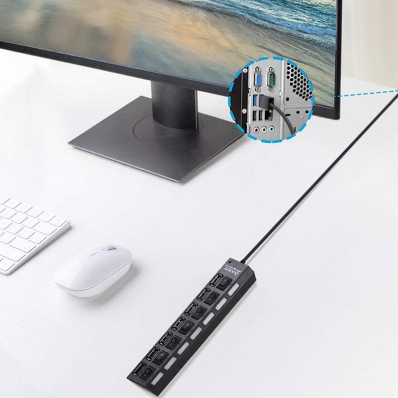 مركز USB 2.0 بـ 7 منافذ، هوب بيانات محمول رفيع جداً، مفاتيح طاقة فردية مضيئة بإضاءة LED، فرق ومعمّد USB 2.0 متعدد المنافذ متوافق مع أنظمة ويندوز/لينكس/ماك و ماك بوك برو/لوحة المفاتيح/الألعاب/الأجهزة USB - Image 3