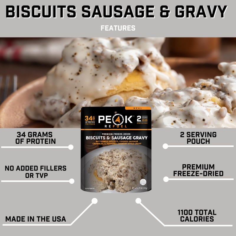 Peak Refuel Biscuits & Sausage Gravy | Freeze Dried Backpacking, Camping & Emergency Prep Food | 2 Servings Pouches - Image 2