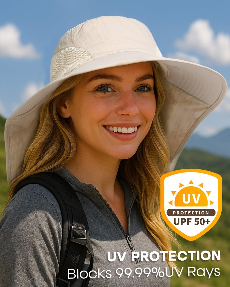 Camptrace قبعات شمسية كامب تريس للنساء والرجال حماية من الأشعة فوق البنفسجية UPF 50+ قبعة واسعة الحواف للتنزه وصيد السمك مع غطاء للرقبة، بيج - Image 2