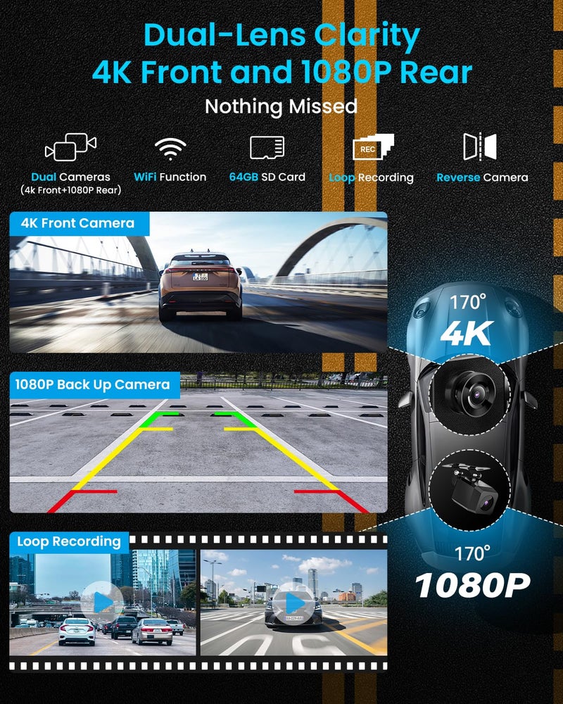 iiwey IK5 9" Wireless Apple CarPlay & Android Auto Screen, Portable Car Stereo with 4K Dash Cam & 1080p Backup Camera, Add CarPlay to Any Vehicle, Touchscreen, Mirror Link - Image 4