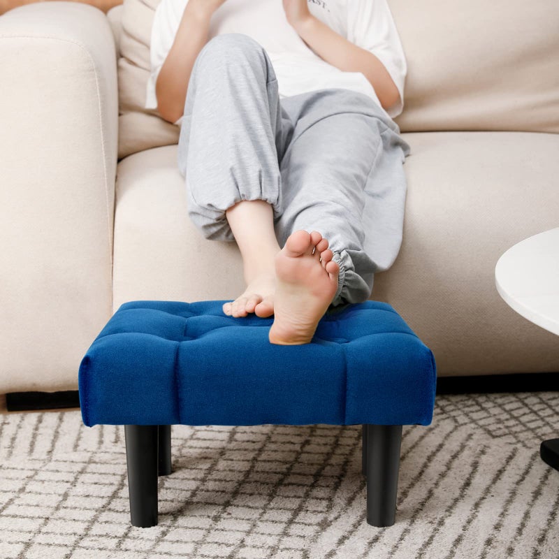 HOUCHICS Small Footstool Ottoman Velvet Wooden Foot Stool Ottoman with Wood Legs Sofa Footrest Extra Seating for Living Room Entryway OfficeBlue 1PACK