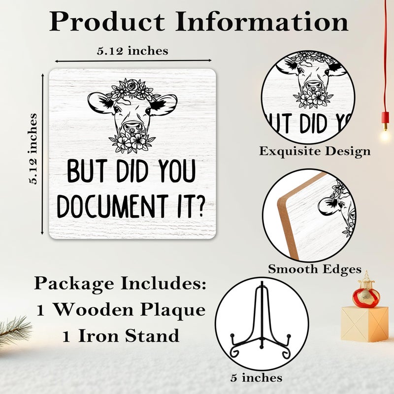 OXRUN But Did You Document It, Funny Office Desk Decor, HR Gifts Decorative Wooden Sign with Iron Stand, Floral Cow Home Office Decor for Desk Table Shelf 5 x 5 Inches - A10 - Image 2