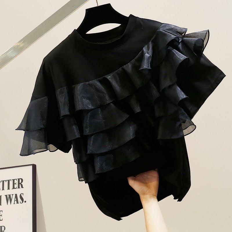 Fashionable layered ruffled stitching loose short-sleeved T-shirt casual slimming design temperament age-reducing Western style top - Image 4