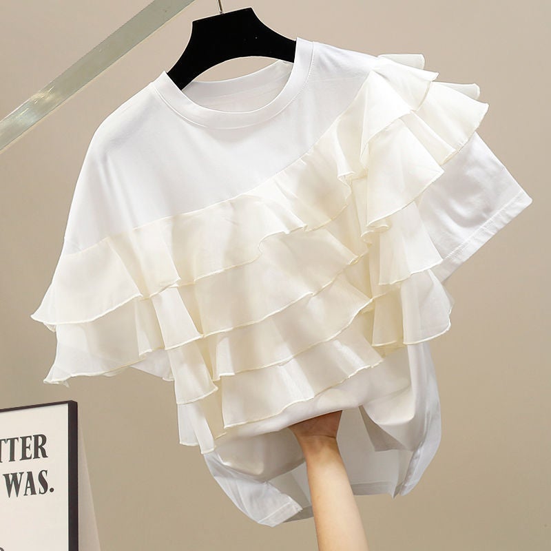 Fashionable layered ruffled stitching loose short-sleeved T-shirt casual slimming design temperament age-reducing Western style top - Image 3