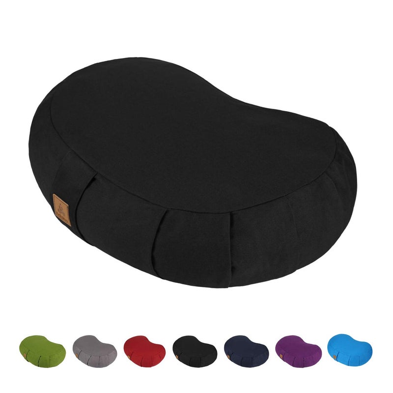 FelizMax Crescent Zafu Meditation Pillow 44x28x14cm Zabuton Yoga Bolster Meditation Cushion Floor Pouf Yoga Pillow Zippered Organic Cotton Cover Natural Buckwheat Large Kneeling PillowBlack