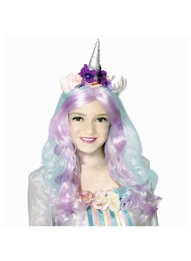 Generic Christmas Halloween Womens Dance Cosplay Princess Cute Unicorn Colorful Rainbow Tail Childrens Wig Pre-Lace Hair Cover Flower Unicorn Curls