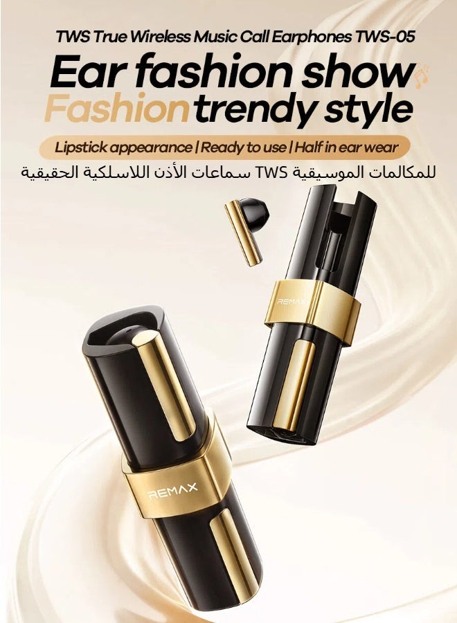 REMAX TWS-05 Lipstick True Wireless Half-In-Ear Earbuds, Bluetooth 6.0, 3.5g Ultra Light Wireless Earphones (Gilding Black) - Image 3