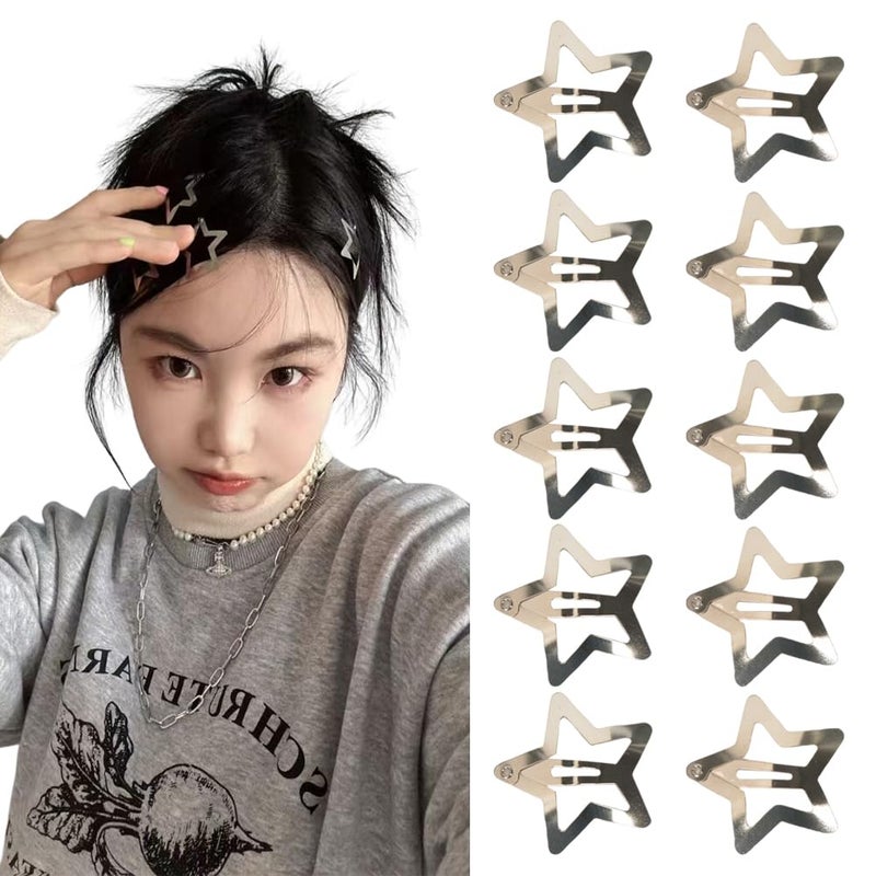 Kefley Star Snap Hair Clips Silver Y2K 2000s 10 Pieces Girls Hair Barrettes Hairclips Headpieces Non Slip Metal Stars Hair Accessories for Women Girls - Image 1