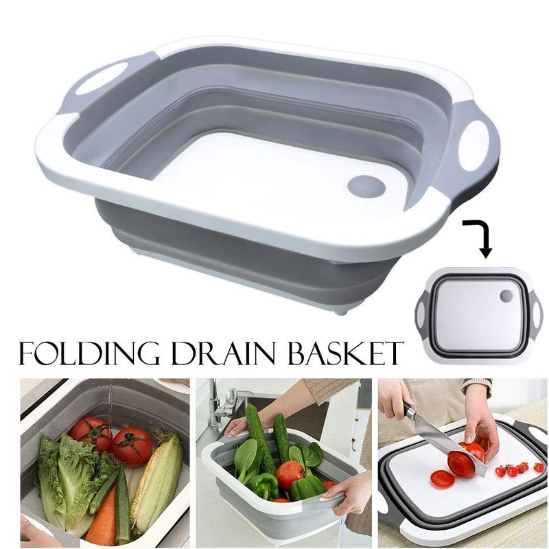 Dhruheer Silicone Fruit Vegetable Washing Folding Basket with Chopping Board Multicolour Grey - Image 4
