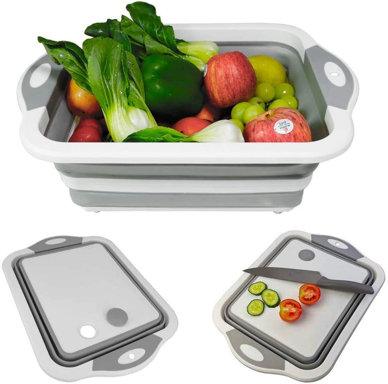 Dhruheer Silicone Fruit Vegetable Washing Folding Basket with Chopping Board Multicolour Grey - Image 2