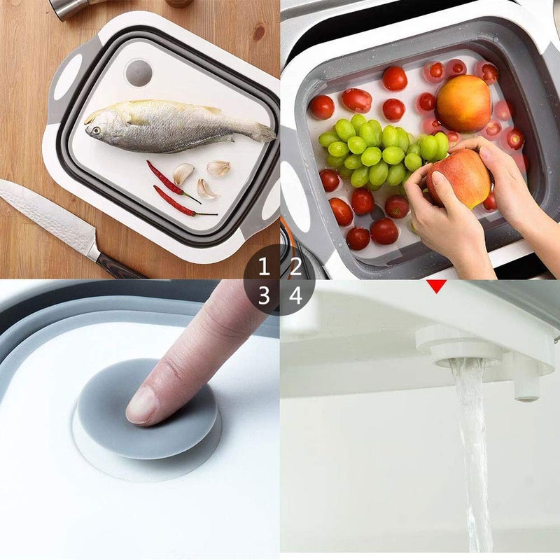 Dhruheer Silicone Fruit Vegetable Washing Folding Basket with Chopping Board Multicolour Grey - Image 5