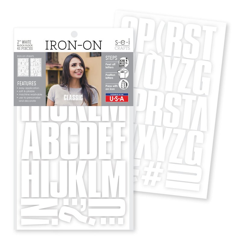 SEI 61 Pieces IronOn Letters 2 Inch Small IronOn Letters for Clothing Block Fabric Letters for Tshirts Jerseys More Block Flock White