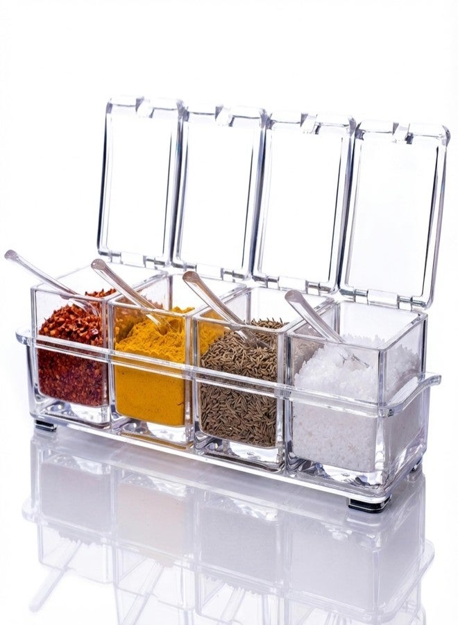 XOIPED XOPED Crystal Box with Spoon | 4 Section Transparent Crystal Masala Box with Flip Lid | Kitchen Spice Storage Organizer - Image 1