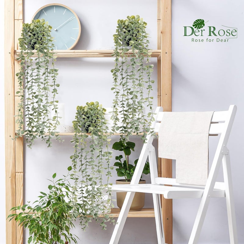 Der Rose 3Pcs Fake Plants Hanging Artificial Decor Faux Potted Eucalyptus Plants for Boho Bathroom Home Office Desk Wall Shelf Bookcase Accessories Decor Indoor - Image 5