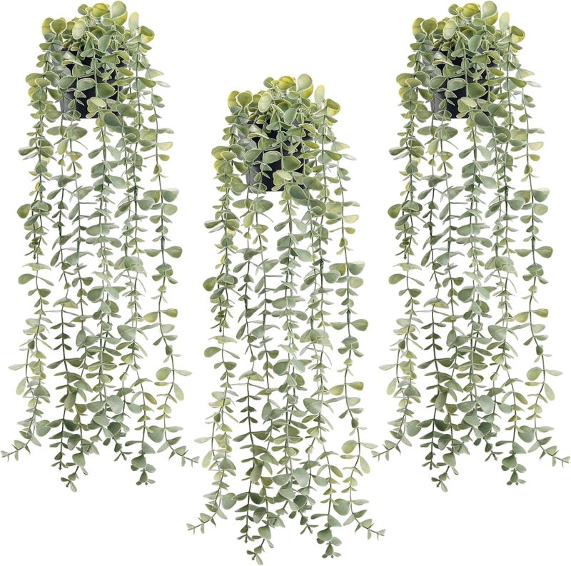 Der Rose 3Pcs Fake Plants Hanging Artificial Decor Faux Potted Eucalyptus Plants for Boho Bathroom Home Office Desk Wall Shelf Bookcase Accessories Decor Indoor - Image 1