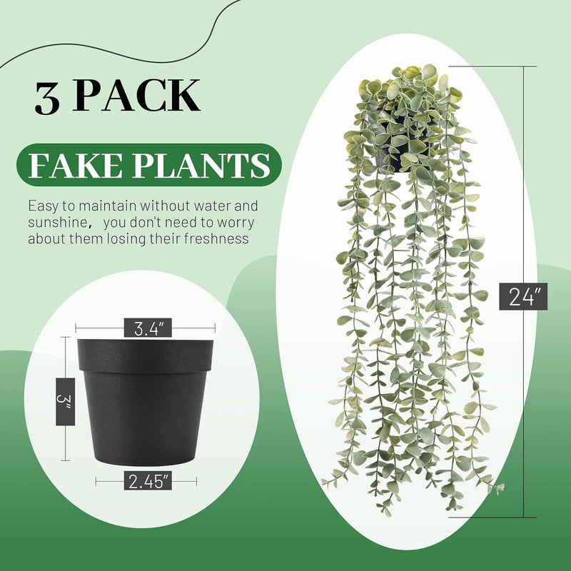 Der Rose 3Pcs Fake Plants Hanging Artificial Decor Faux Potted Eucalyptus Plants for Boho Bathroom Home Office Desk Wall Shelf Bookcase Accessories Decor Indoor - Image 3