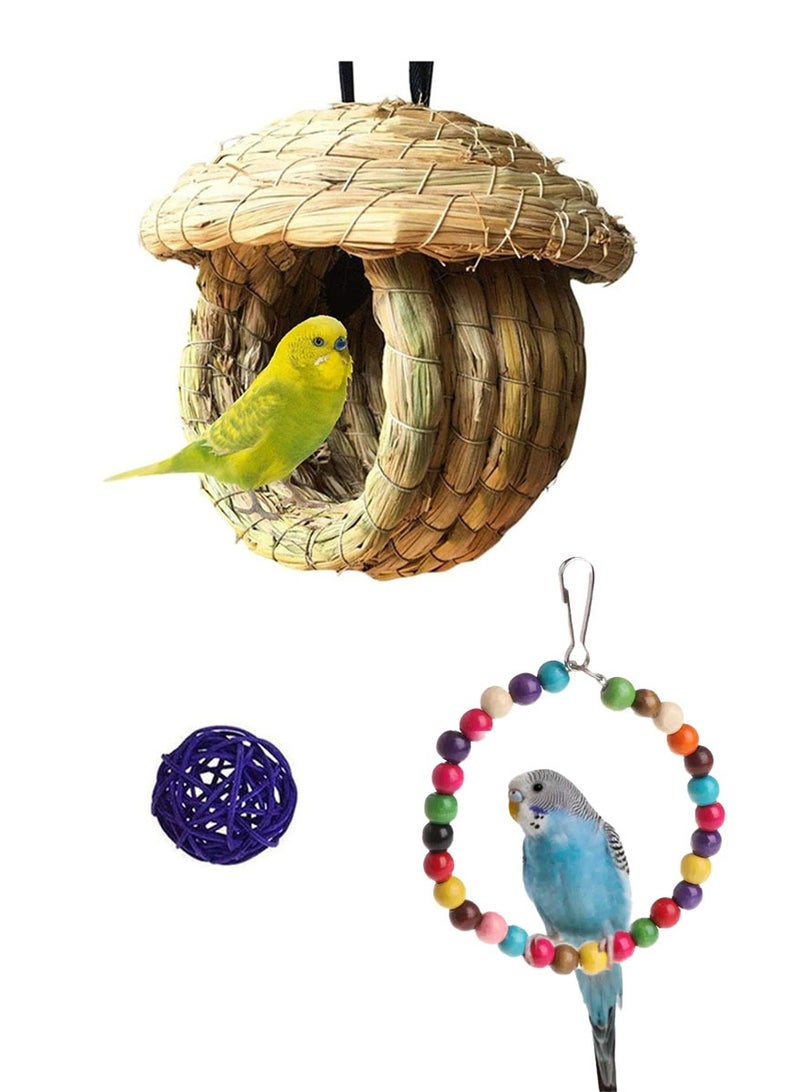 rocooart Bird's Nest Straw Eco-Friendly Straw Aviary 100% Natural Fiber Bird's Nest Cottage Comfortable Rest Breeding Place ，with Parrot Ring Swing and Chew Toys - Image 1