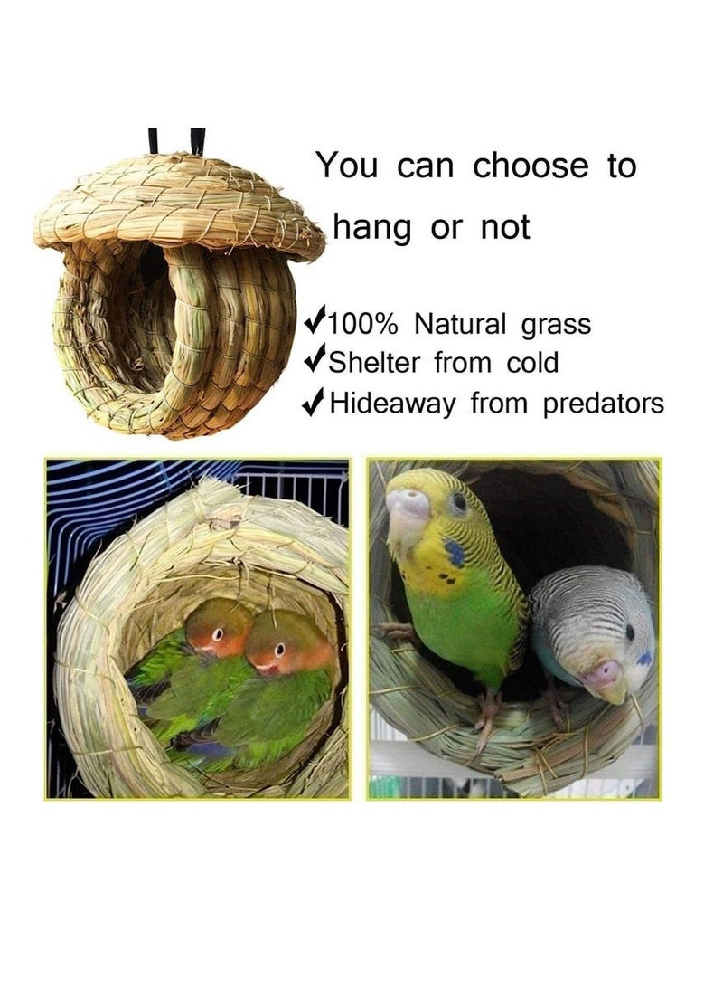 rocooart Bird's Nest Straw Eco-Friendly Straw Aviary 100% Natural Fiber Bird's Nest Cottage Comfortable Rest Breeding Place ，with Parrot Ring Swing and Chew Toys - Image 2