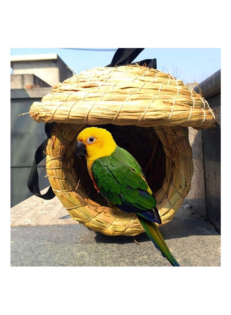 rocooart Bird's Nest Straw Eco-Friendly Straw Aviary 100% Natural Fiber Bird's Nest Cottage Comfortable Rest Breeding Place ，with Parrot Ring Swing and Chew Toys - Image 4