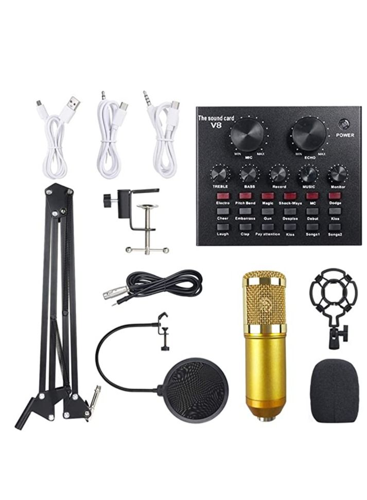 Multifunctional Live Sound Card & BM800 Suspension Microphone Kit Broadcasting Recording Condenser Microphone Set Intelligent Volume Adjustable Audio Mixer Sound Card for Computer PC Live S - Image 1
