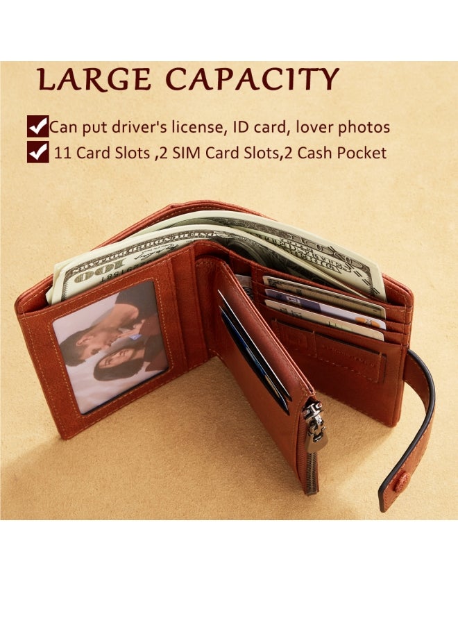 Dante Men's Wallet Cowhide Zipper Coin Purse With Multiple Card Slots, Brown (Anti-theft Brush) - Image 5