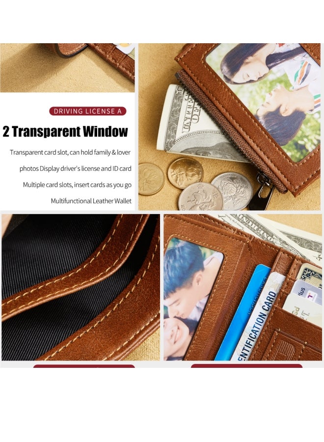 Dante Men's Wallet Cowhide Zipper Coin Purse With Multiple Card Slots, Brown (Anti-theft Brush) - Image 4