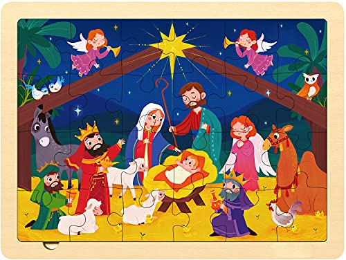 MoinKidz Nativity Scene Kids 24 Piece Puzzle for 3 Year Old Unique Shape Jigsaw Pieces Christmas Wooden Jigsaw Puzzles for Toddlers Ages 35 Preschooler Puzzle with Tray - Image 1