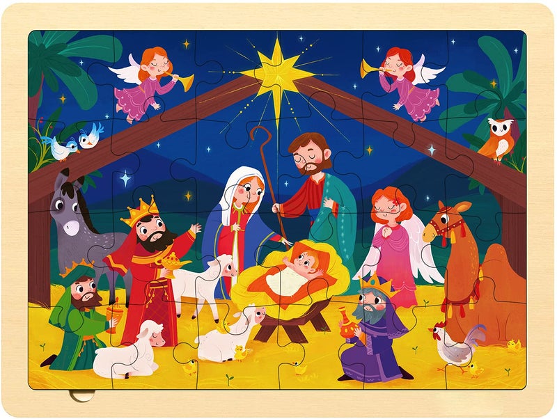 MoinKidz Nativity Scene Kids 24 Piece Puzzle for 3 Year Old Unique Shape Jigsaw Pieces Christmas Wooden Jigsaw Puzzles for Toddlers Ages 35 Preschooler Puzzle with Tray - Image 2