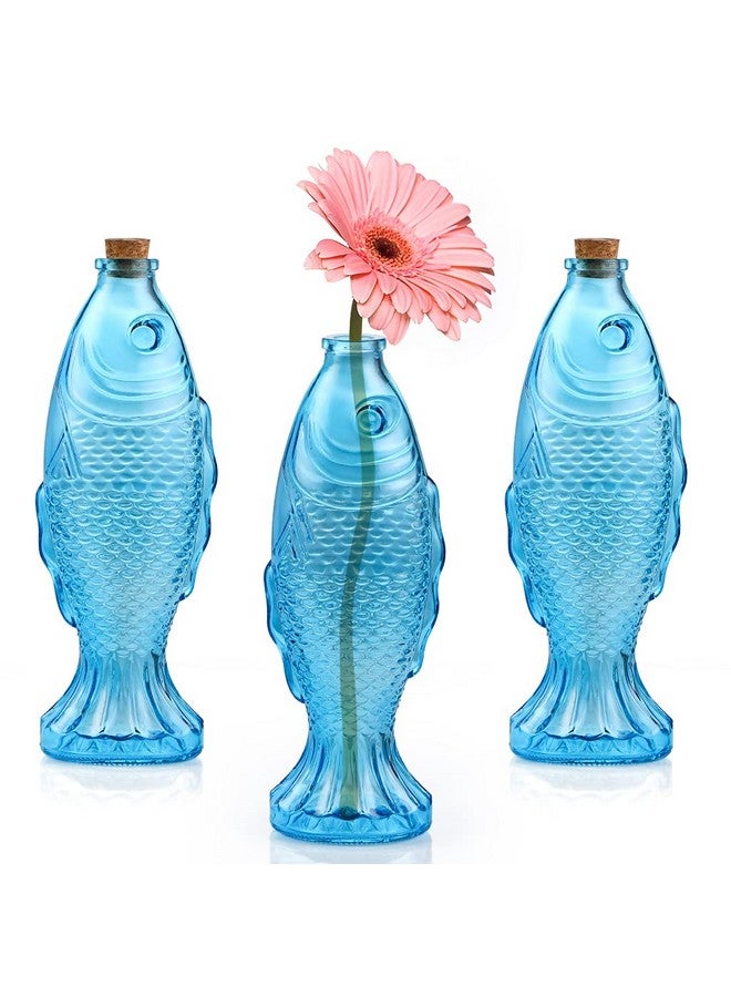 MDLUU 3-Pack Fish Shaped Glass Bottles, Decorative Bottles with Cork Stopper, Fish Decanters for Gift, Bar, Home Decor, Capacity 500ml/17.5oz (Blue) - Image 2