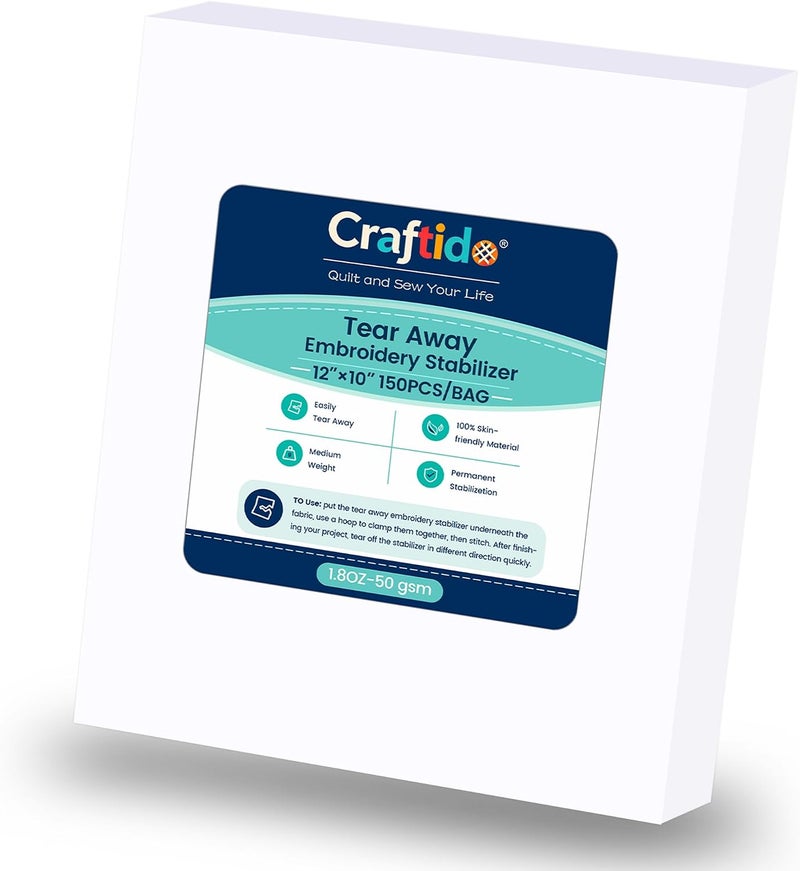 craftido كرافتيدو مثبت تطريز قابل للتمزيق 12 بوصة × 10 بوصة 150 ورقة لطارات 5x7 1.8 أونصة وزن متوسط للتطريز الآلي والخياطة اليدوية - Image 1