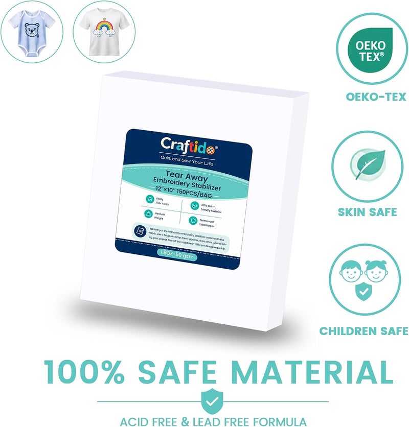 craftido كرافتيدو مثبت تطريز قابل للتمزيق 12 بوصة × 10 بوصة 150 ورقة لطارات 5x7 1.8 أونصة وزن متوسط للتطريز الآلي والخياطة اليدوية - Image 3