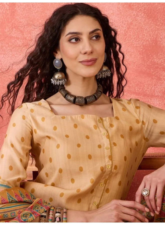 AKS Cream Polka Dots Kurta Set With Digital Print Dupatta