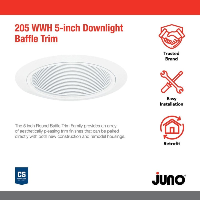 Juno 5-Inch Round Baffle Recessed Lighting Trim, Glare-Reducing Snap-in Trim for Can Lights, Fits Juno IC20 and TC20 Housings, White Finish - Image 2
