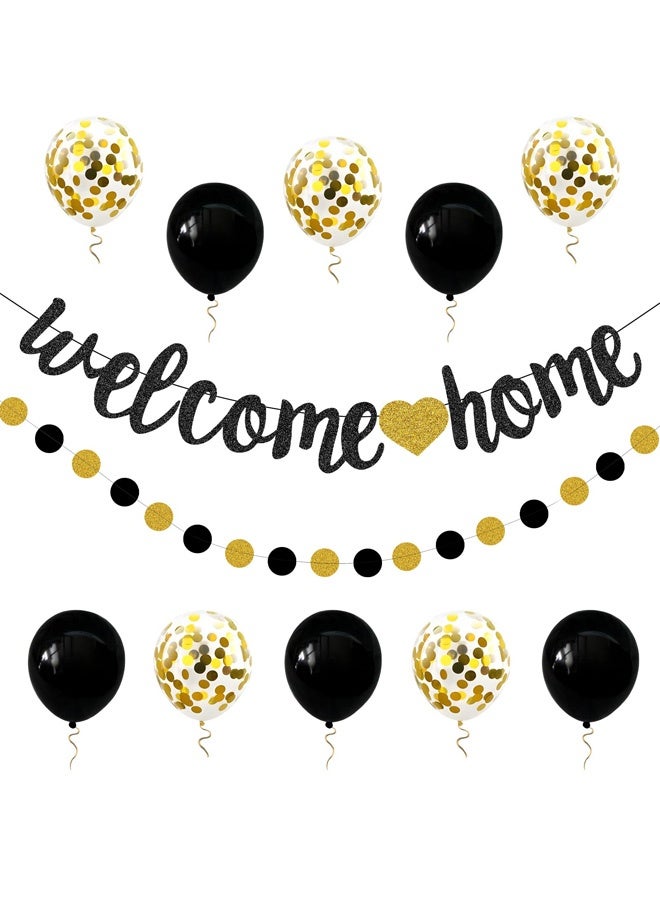 Welcome Home Decorations Glitter Welcome Home Banners Balloons Set Party Pennant Bunting Garland for New Home Family Birthday Christmas Wedding Boy Girl Baby Shower Hanging String Flag, Black Golden - Image 1