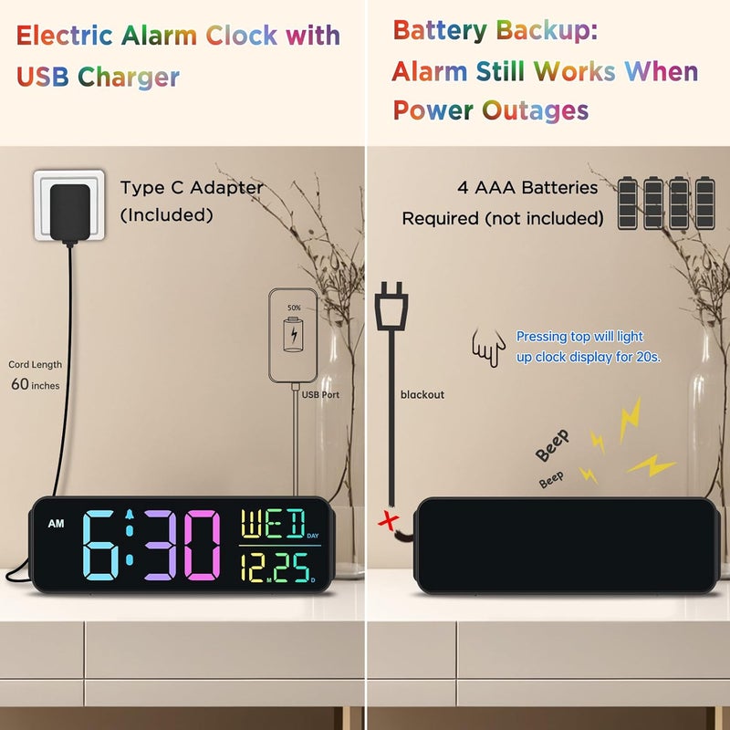 Peakeep Digital Alarm Clock for Bedrooms, Date Day of Week Large Display Numbers 6 Brightness Dimmer, 5 Volume Loud for Heavy Sleepers, 8 RGB Colors Electric Desk Clock Battery Backup, Auto DST - Image 5