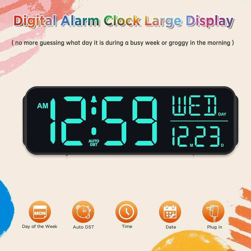 Peakeep Digital Alarm Clock for Bedrooms, Date Day of Week Large Display Numbers 6 Brightness Dimmer, 5 Volume Loud for Heavy Sleepers, 8 RGB Colors Electric Desk Clock Battery Backup, Auto DST - Image 2