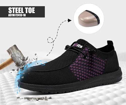 LARNMERN Slip On Steel Toe Loafers Women Work Safety Shoes Lightweight Comfortable Walking Sneakers(11 Women, Black Purple) - Image 5