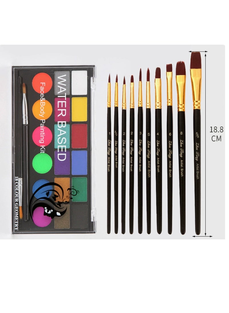 FC1802 18-Colour Water-Based Face And Body Paint Kit With 10 Brushes