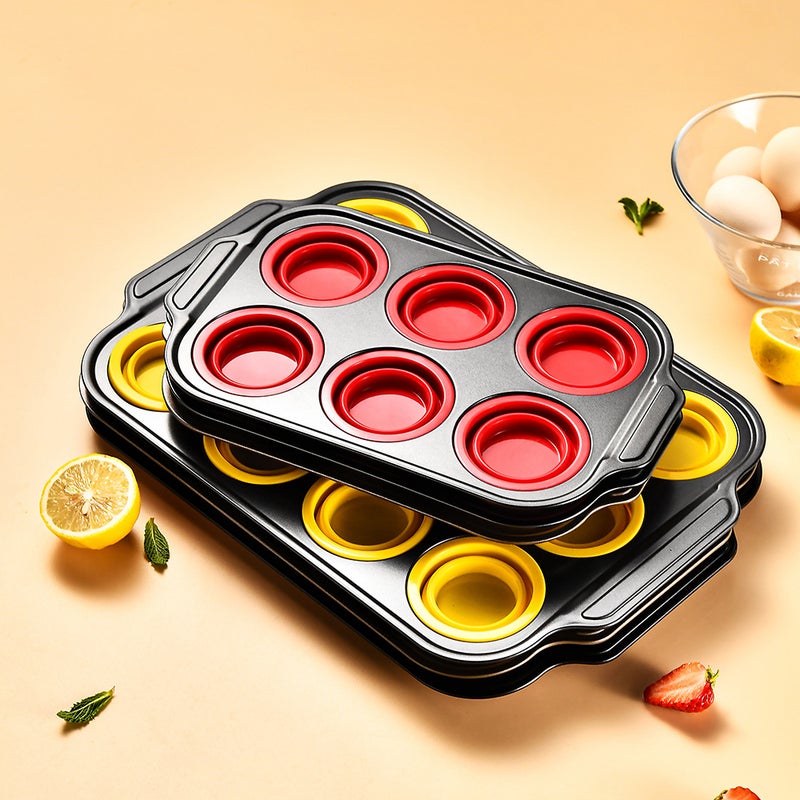 Foldable Press Type 6 Connected 12 Cups Non-Stick Silicone Cake Mold Easy Demoulding Household Baking Tray - Image 3