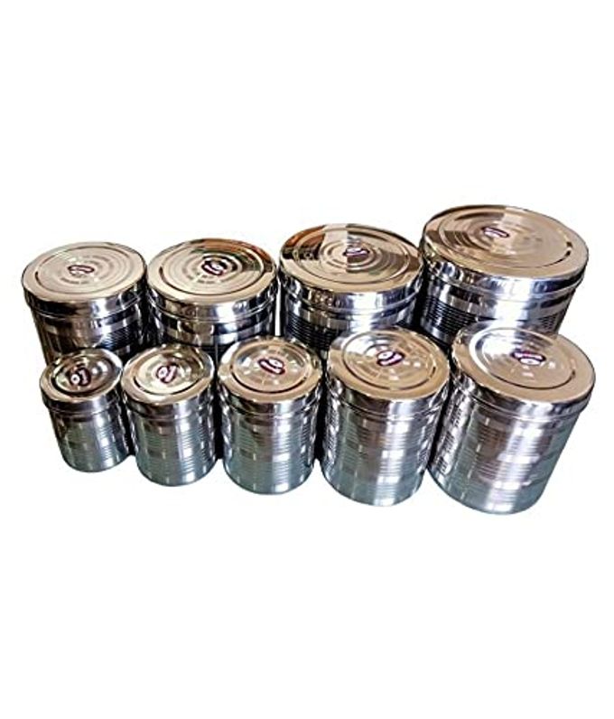 BRAND EXPORT QUALITY STAINLESS STEEL DIBBA SET 9 PCS 500ML TO 5KGS SIZE SET